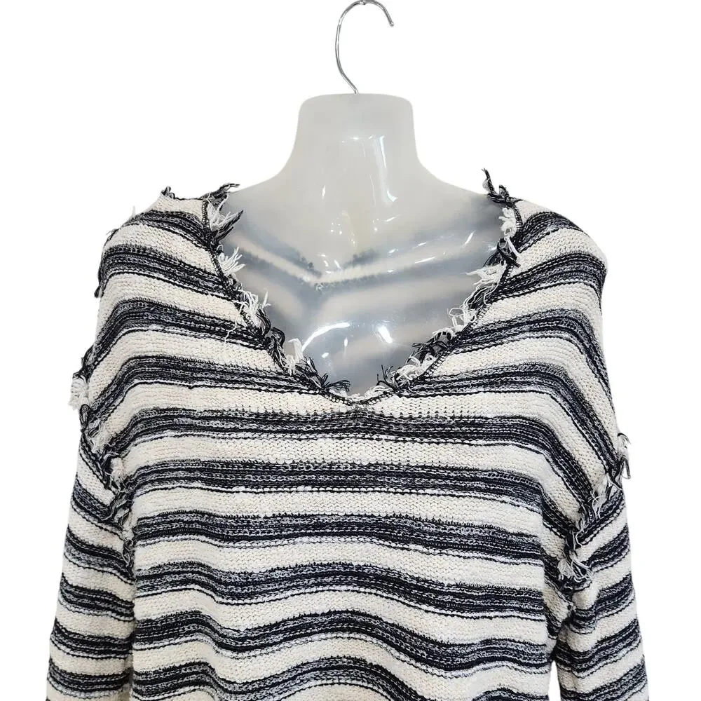 Free People Spells Trouble Stripe Pullover Sweater 3/4 Sleeve Ivory Black Small